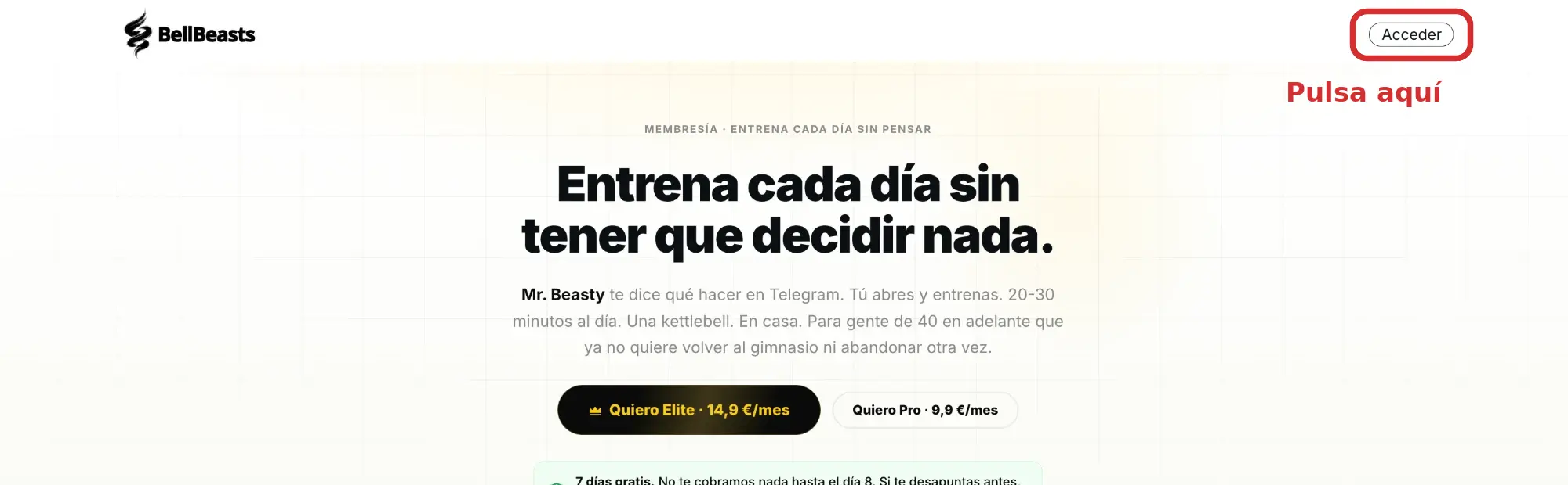 Página de BellBeasts con el botón Acceder marcado arriba a la derecha