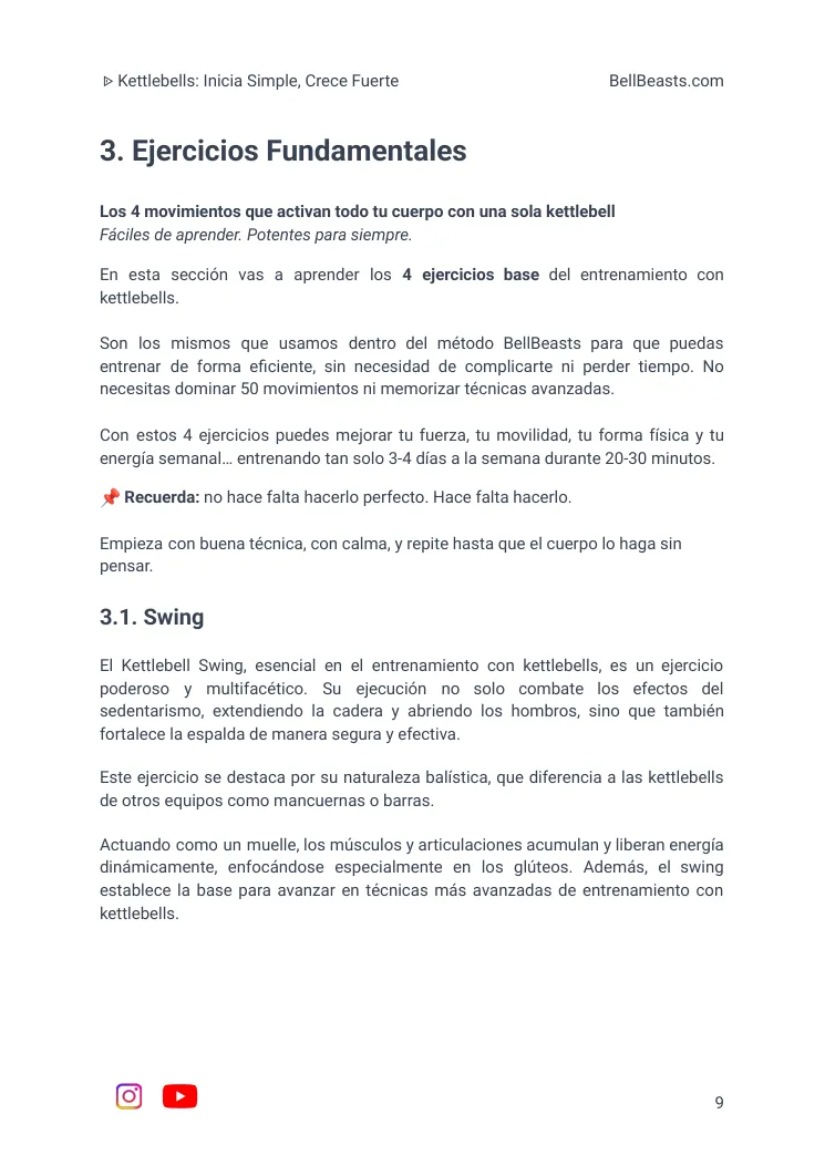 Página del PDF que presenta los cuatro ejercicios fundamentales con kettlebell
