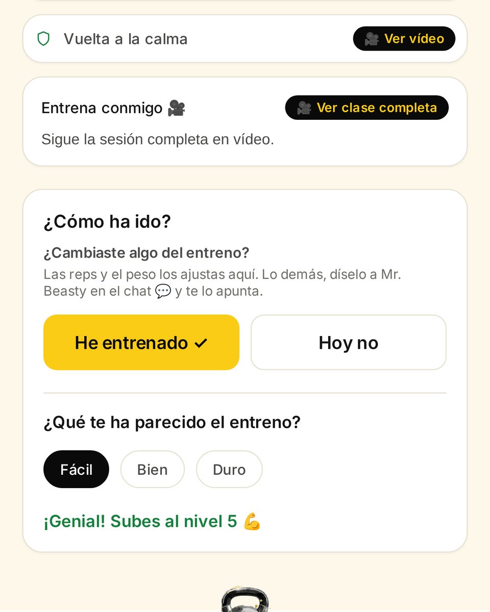 Final del entreno en la app: botón He entrenado y la pregunta de si ha sido fácil, bien o duro