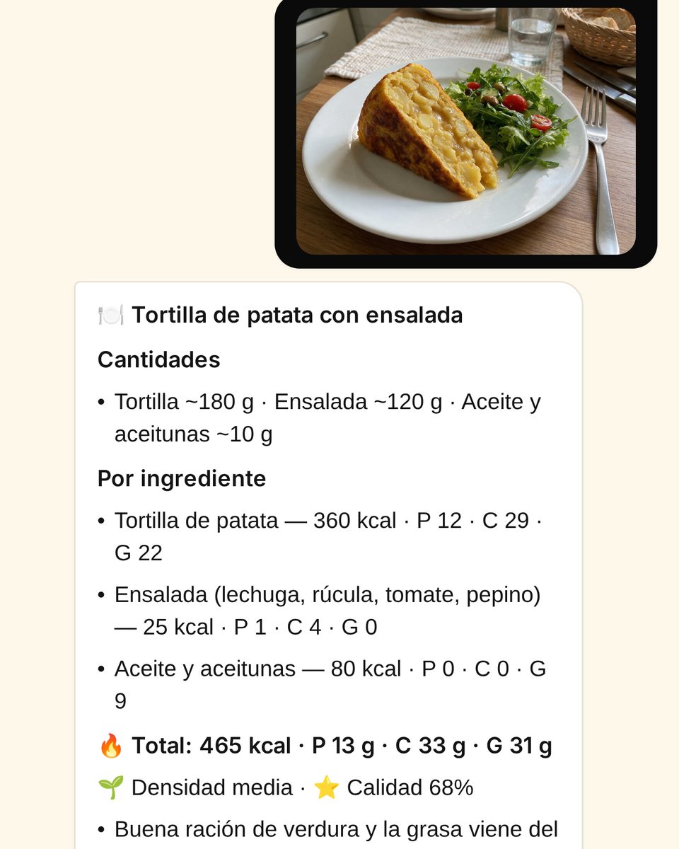 Chat con Mr. Beasty: foto de una tortilla de patata con ensalada y su análisis de calorías, proteína, hidratos y grasa