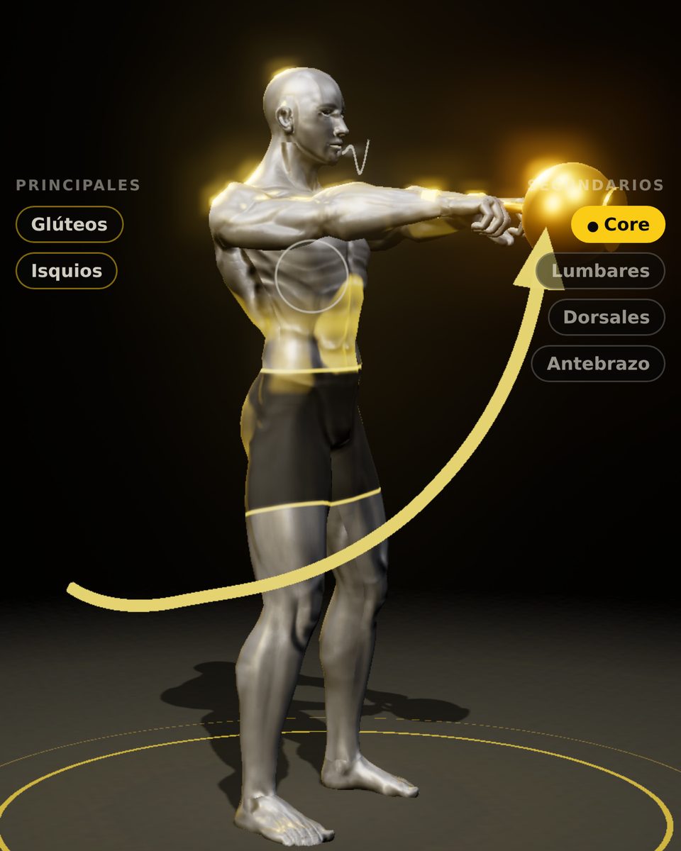 El swing en 3D dentro de la app: el muñeco con los glúteos, isquios y core encendidos